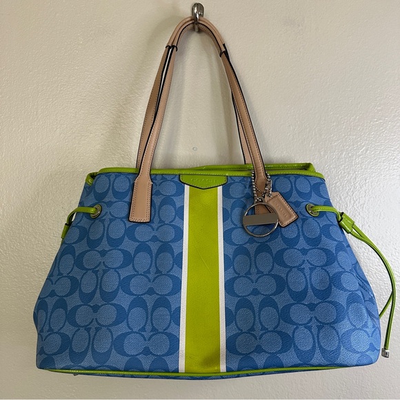 Coach Blue and Green Signature Tote with Bold Stripe - Picture 1 of 9